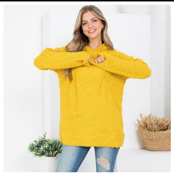 ❌SOLD✨HOODED POPCORN SWEATER-- BRIGHT YELLOW - Picture 6 of 7